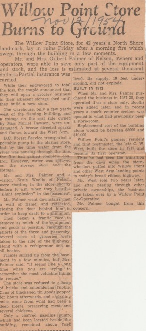 Fire destroys the Willow Point Store Nelson Daily News article-Nov. 12, 1954 P.Ormond files