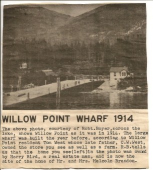Newspaper clipping-Willow Point Wharf 1914 Mary Carnes files